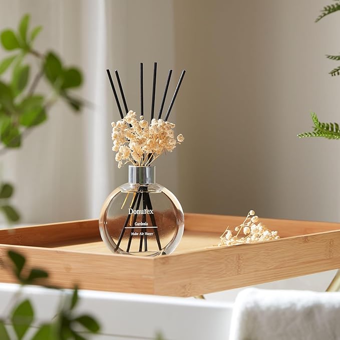 Donurex Flower Reed Diffuser Set 5.07oz Gardenia Scent Diffuser with Sticks Home Fragrance Reed Diffuser for Bathroom Shelf Decor