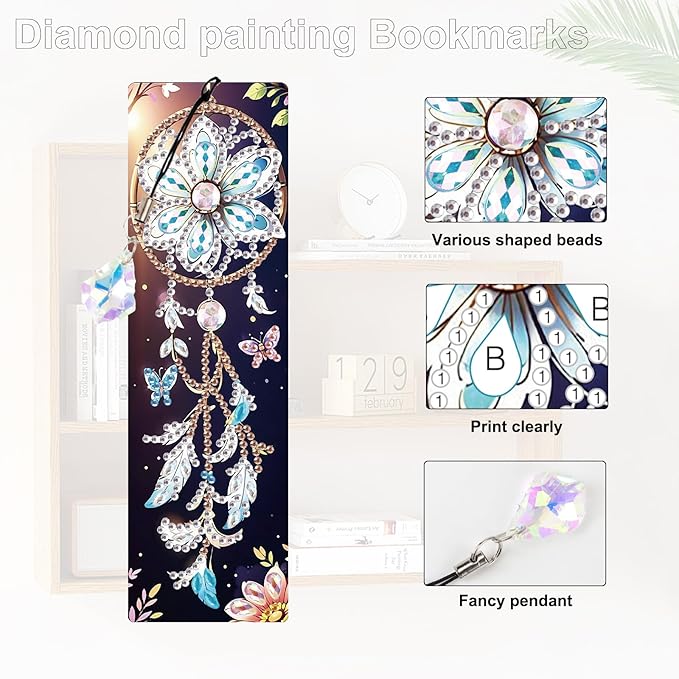 4 Pack Diamond Painting Bookmarks for Adults, 5D DIY Diamond Art Bookmark Kit with Tassels, Rhinestone Craft Supplies for Reading Lovers, Dreamcatcher & Butterfly Designs