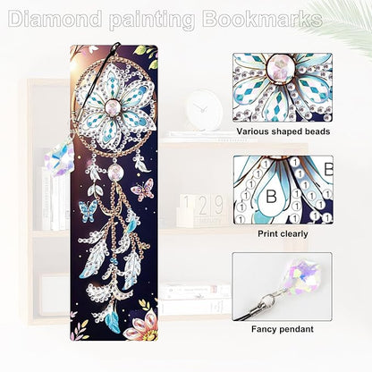 4 Pack Diamond Painting Bookmarks for Adults, 5D DIY Diamond Art Bookmark Kit with Tassels, Rhinestone Craft Supplies for Reading Lovers, Dreamcatcher & Butterfly Designs