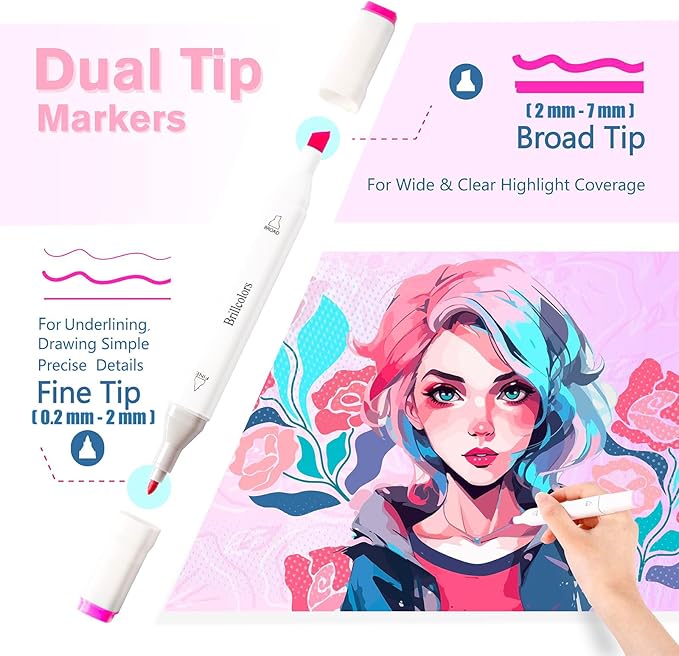 Brillcolors 168 Colors Alcohol Markers Set with Base Dual Tip Drawing Markers for Comics Coloring Sketching Illustration (168 White) -Refillable