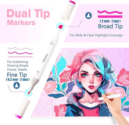 Brillcolors 168 Colors Alcohol Markers Set with Base Dual Tip Drawing Markers for Comics Coloring Sketching Illustration (168 White) -Refillable