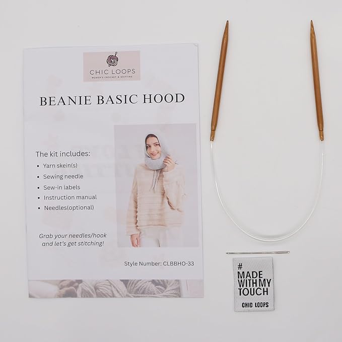Chic Loops Knitting Kit for Beginners, Knitted Hooded Scarf Beginner Crochet Kit for Adults, Crochet Soft and Cozy Balaclava Beanie Basic Hood for Womem Outdoor Sports with Instruction(Pale Grey)