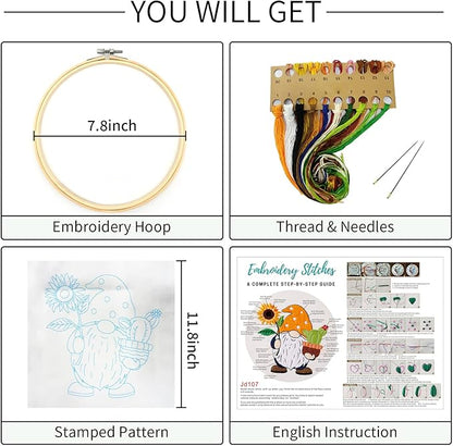 Nuberlic Sunflower Embroidery Kit for Beginners, Full Set of Stamped Gnome Cross Stitch Kit for Adults Including Threads, Hoops and Instruction