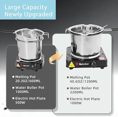 Professional Double Boiler Pot 1200ML/40.6OZ, 304 Stainless Steel Chocolate Melting Pot with 1000W Electric Hot Plate, Multi-Functions Warming Melting Pots for Wax Soap Base Candy Cheese Butter