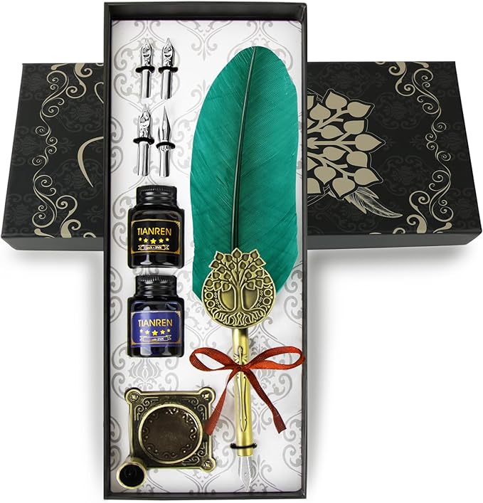 TIANREN Quill pen ink set,Feather Pen and Ink Set,Antique Calligraphy Pen with 4 Replaceable Nibs,2 Bottle of ink,Feather Dip Pen Holder Christmas Gift for Men&Women.(Green)