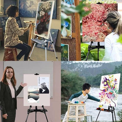 RRFTOK Art Easel Stand for Painting and Sign - Aluminum Metal Artist Tripod Adjustable Easels for Display Height from 21 to 61Inches - Canvas Stand with Paintbrush Tray for Artists Adult Holder
