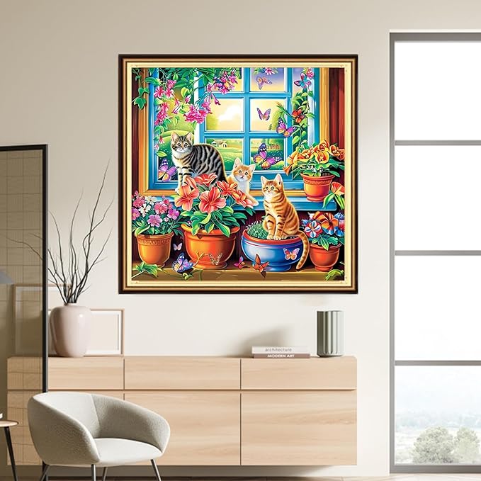 DMCVIVR Stamped Cross Stitch Kits for Adults Beginners Embroidery Kits 11CT Needlepoint Kits Cross Stitch Patterns Embroidery Patterns-Garden Cat Outside The Window 18x18 inch