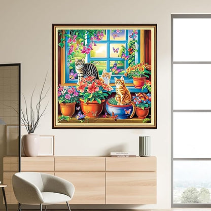 DMCVIVR Stamped Cross Stitch Kits for Adults Beginners Embroidery Kits 11CT Needlepoint Kits Cross Stitch Patterns Embroidery Patterns-Garden Cat Outside The Window 18x18 inch