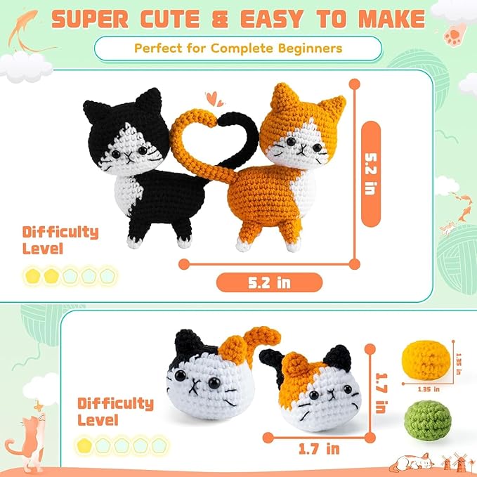Auspicious beginning Cat Crochet Kit for Beginners-Crochet Kits 4PCS Cats Family Crochet Animals Kits with Step-by-Step Video Tutorials, Crochet Starter Kit Learn to Crochet Kits for Adults