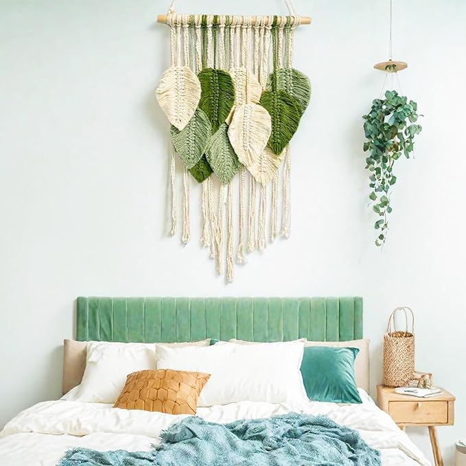 Macrame Wall Hanging Boho Wall Tapestry Handmade Woven Leaf Wall Decor Crochet Wall Art for Home Office Apartment (Green, 15.8" W X 31.5" L)