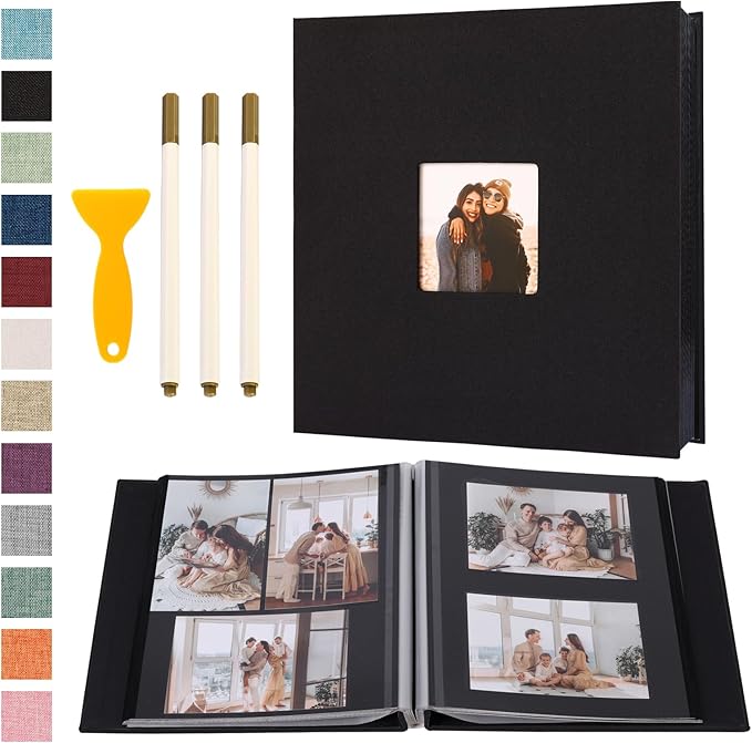 Self Adhesive Photo Album Black Pages Scrapbook Magnetic Photo Albums for 4x6 5x7 8x10 Pictures Books with Sticky Pages with A Metallic Pen for Baby Family Wedding 13.2x12.8 Black 120 Pages