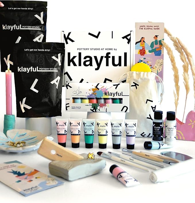 KLAYFUL Pottery Kit for Adults – 6,6lbs Air Dry Clay Pottery Set with Tools, Paints & Brushes – DIY Arts & Crafts Kit for Beginners & Couples | Creative Gift Set for Relaxing Date Night Crafts