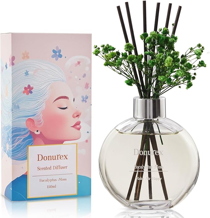 Donurex Flower Reed Diffuser Set 5.07oz Eucalyptus & Moss Scent Diffuser with Sticks Home Fragrance Reed Diffuser for Bathroom Shelf Decor