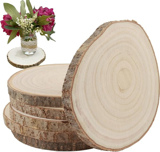 KINJOEK 6PCS 9-10 Inch Large Natural Wood Slices with Bark, Unfinished Wooden Table Coasters Circles, Blank Round Wood Ornaments Slice Bulk for Centerpieces DIY Craft Wedding Party Christmas Decor