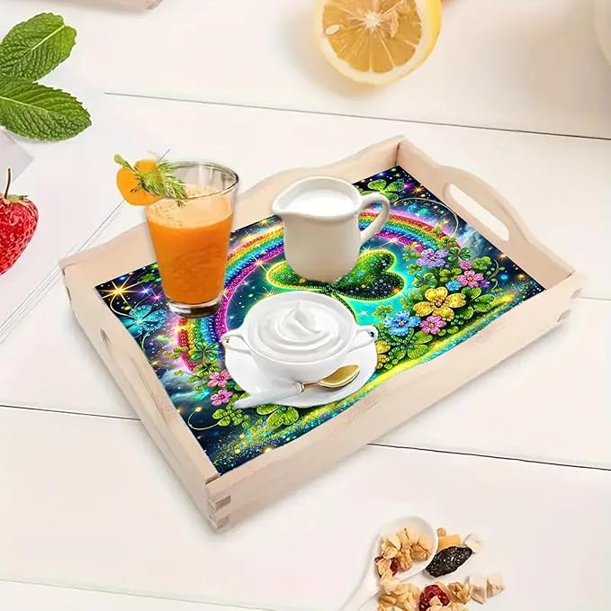 DoxQcs DIY Diamond Art Wooden Tray Kit Easter Food Tray with Handle Diamond Painted Table Decoration Tray for Breakfast Bar Dinner Table Diamond Art Painting for Beginners-#06-Rainbow Clover