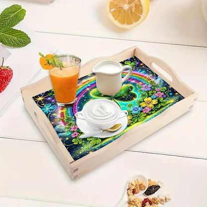 DoxQcs DIY Diamond Art Wooden Tray Kit Easter Food Tray with Handle Diamond Painted Table Decoration Tray for Breakfast Bar Dinner Table Diamond Art Painting for Beginners-#06-Rainbow Clover