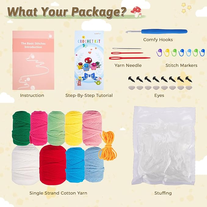 Crochet Kit for Beginners - Adorable Animal Crocheting Set with 4 Chicks and 1 Big Mushroom, DIY Craft with Step-by-Step Video Tutorials, Learn to Crochet Kit for Adults Kid, Ideal Christmas Gift
