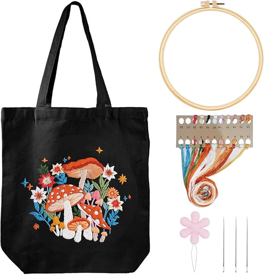 Louise Maelys Embroidery Kit Canvas Tote Bag for Beginners,Cross Stitch Kits for Adults,Arts Crafts Needlepoint with Mushroom Flower Pattern,Women Shopping Reusable Grocery Bags