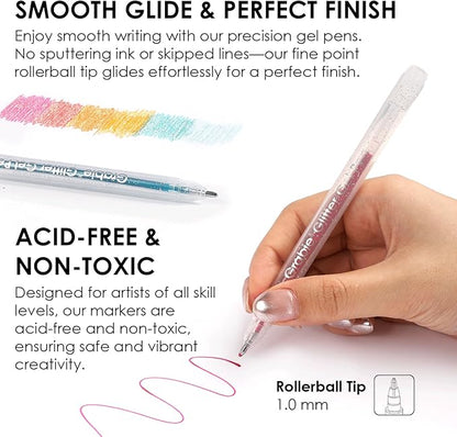 Grabie 42 Capped Glitter Gel Pen Set, 18 Iridescent&24 Essential Color Pens, Smooth Rollerball Tip, Metallic Sparkly Gel Pens for Coloring, Set of 42 Gel Pens Colored
