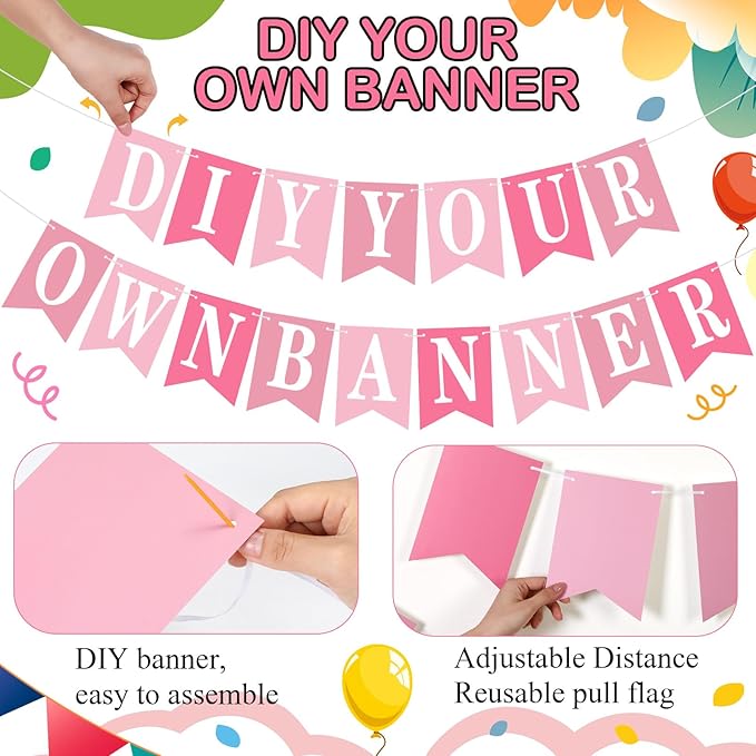 Mooliwe 171 Pcs DIY Custom Banner Kit Make Your Own Customizable Sign for Birthday Wedding Party Decoration Include 20 Paper Pennant 148 Letters and Numbers 1 Rope 2 Threading Device (Pink)