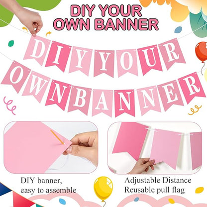 Mooliwe 171 Pcs DIY Custom Banner Kit Make Your Own Customizable Sign for Birthday Wedding Party Decoration Include 20 Paper Pennant 148 Letters and Numbers 1 Rope 2 Threading Device (Pink)