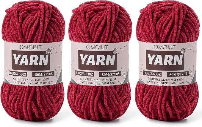 Fluffy Chenille Yarn for Crocheting - Baby Yarn for Crocheting Soft Blanket - 3 Pack of 100g/(87.4yds) Crochet Amigurumi Chunky Yarns - Super Bulky 5 Velvet Yarns (3 Burgundy)