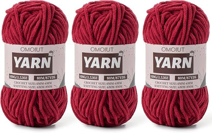 Fluffy Chenille Yarn for Crocheting - Baby Yarn for Crocheting Soft Blanket - 3 Pack of 100g/(87.4yds) Crochet Amigurumi Chunky Yarns - Super Bulky 5 Velvet Yarns (3 Burgundy)