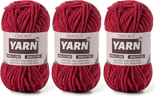 Fluffy Chenille Yarn for Crocheting - Baby Yarn for Crocheting Soft Blanket - 3 Pack of 100g/(87.4yds) Crochet Amigurumi Chunky Yarns - Super Bulky 5 Velvet Yarns (3 Burgundy)