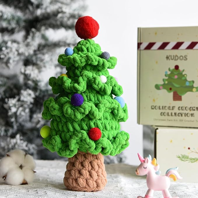 KUDOS Christmas Tree Crochet Kit - Holiday Crochet Set with Christmas Beads and Decorations for Beginners, Crochet Kit with All Accessories & Tutorial, Christmas Crochet for Family