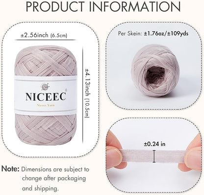 NICEEC 6 Skeins Soft Tape Yarn for Crocheting Craft Paper Yarn Easy Crochet Raffia Yarn Ribbon Yarn for DIY Craft Gift Wrapping Total Length 1.76oz×6/109yds×6-Pinkish Purple
