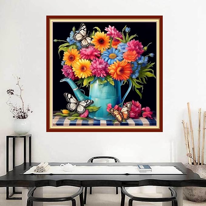 Joyhoor Stamped Cross Stitch Kits for Beginners Needlepoint Kits for Adults Embroidery Kits 11CT Counted Cross Stitch Kits Printed Embroidery Pattern- Flower Water Kettle 18x18 inchs