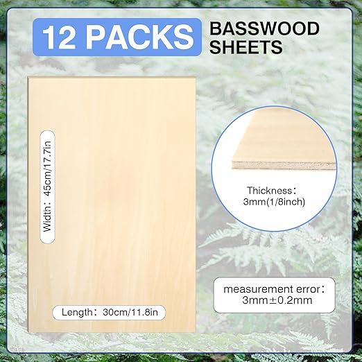 VKIZA 12 Pack Basswood Sheets for Crafts 12x18x1/8 Inch, 3mm Thick Unfinished Plywood for Laser Cutting & Engraving, DIY Ornaments and Architectural Model