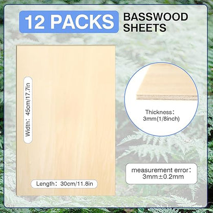 VKIZA 12 Pack Basswood Sheets for Crafts 12x18x1/8 Inch, 3mm Thick Unfinished Plywood for Laser Cutting & Engraving, DIY Ornaments and Architectural Model