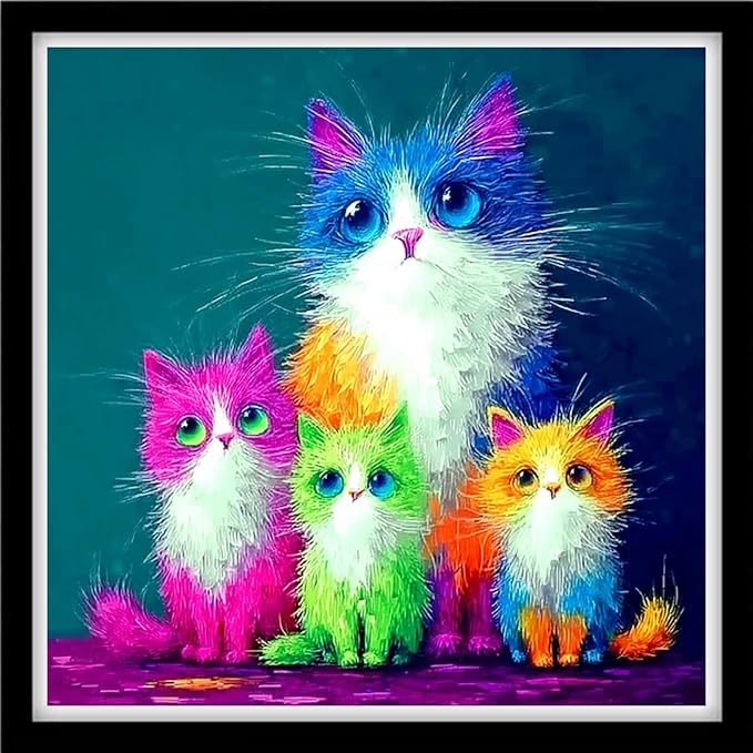 DMCVIVR Stamped Cross Stitch Kits for Beginners Adults Needlepoint Kits for Beginners Embroidery Kits for Adults Crossstitch Kit for Beginners 11CT-Four Colorful Cats 18x18 inchs