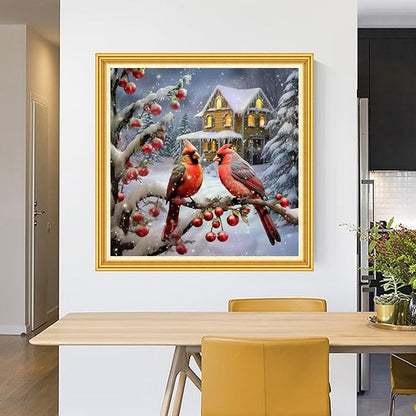 Foxhool Stamped Cross Stitch Kits,11CT Printed Cross Stitch Pattern Full Embroidery Kits for Beginner Needlepoint Kits-Little Bird Snow Scene 18x18 inch