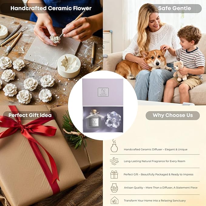 Pretty Valley Home Reed Diffuser Sets, 6.76 Fl. Oz / 200ML Ceramic Diffuser Flower Gift Box, Home Reed Diffuser for Bathroom Office Bathroom Living Room Decor (Lavender Purple)