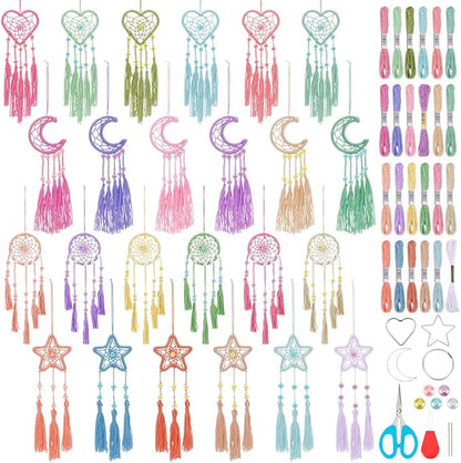 INFUNLY 24 Set DIY Small Dream Catcher Kit Candy Colors Mini Dream Catcher Kit Star/Moon/Heart/Round Handmade Dreamcatcher Kit with Instructions Hanging Ornament for Bedroom Car Mirror Keychain Bag