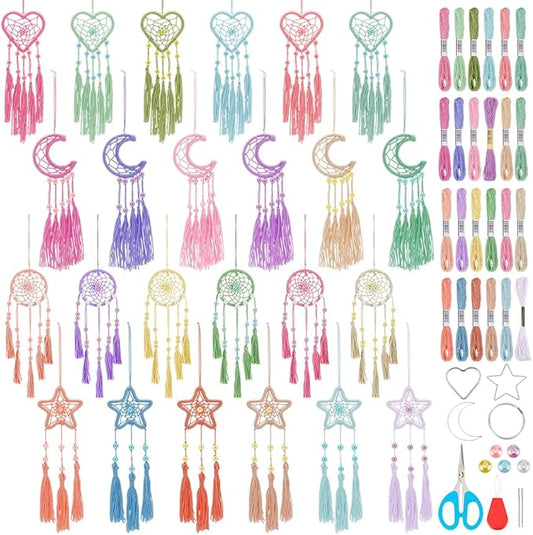 INFUNLY 24 Set DIY Small Dream Catcher Kit Candy Colors Mini Dream Catcher Kit Star/Moon/Heart/Round Handmade Dreamcatcher Kit with Instructions Hanging Ornament for Bedroom Car Mirror Keychain Bag