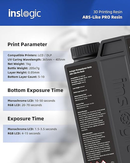 Inslogic ABS-Like Pro Resin 1kg, High Toughness 3D Printer Resin/UV Resin, Fast Curing & Low Odor, Ultra-High Precision Matte Finish for Miniatures, Prototyping & Functional Parts (Grey)