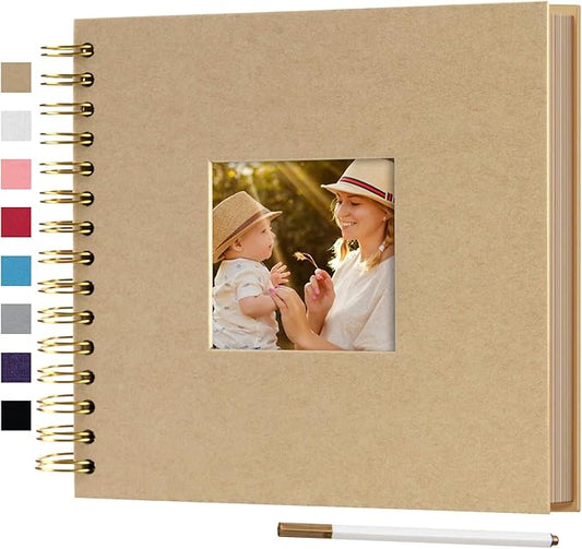 8 x 8 Inch Small DIY Scrapbook Photo Album with Window Design Cover 80 Pages Craft Paper Memory Book for Weeding Family Travel and Baby (Brown)