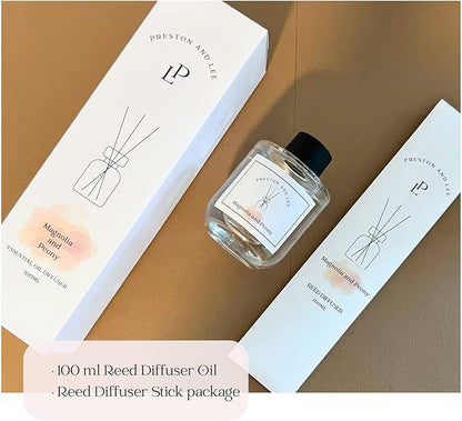 Preston and Lee Reed Diffuser Set | 100 ml (3.4 fl oz) Magnolia and Peony Scent Reed Diffuser Set | Aromatherapy Diffusers | Natural Reed Diffuser Oil for Home and Spa Fragrance