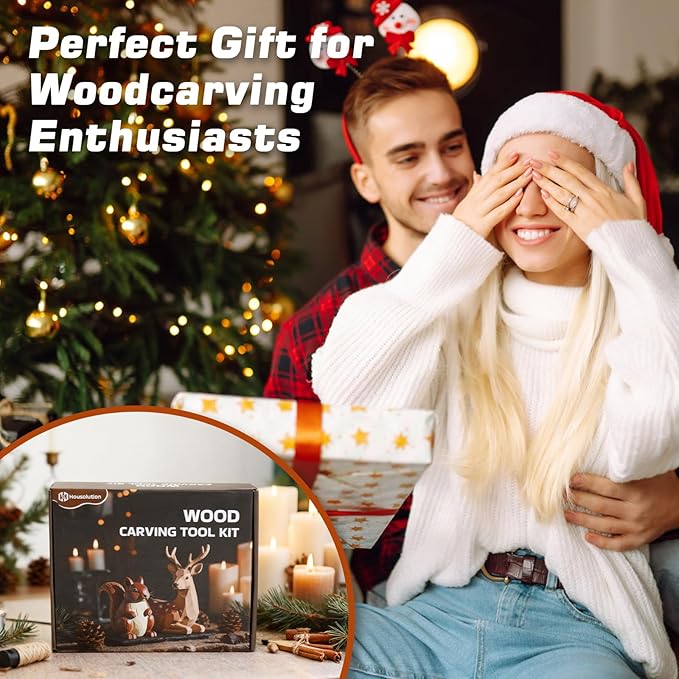 Housolution Wood Carving Kit with Leather Case, 24PCS Wood Carving Tools Whittling Kit Includes Carving Knives Carving Chisels Basswood Blocks Spoon Gloves, Woodworking Tools for Beginners DIY Hobbies