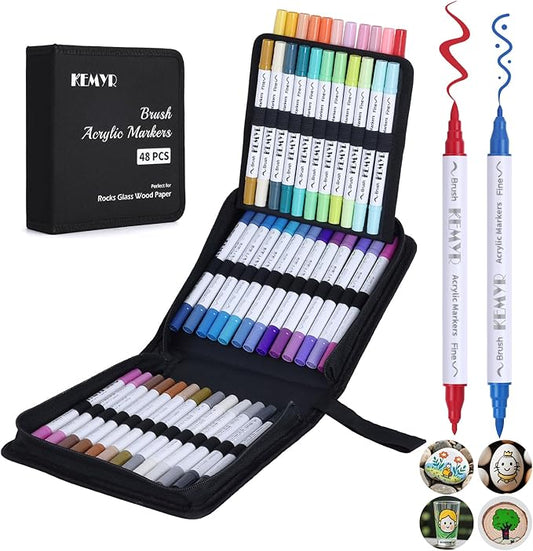 KEMYR 48 Colors Brush & Fine Tip Acrylic Paint Pens, Dual Tip Acrylic Paint Markers for Paper, Wood, Canvas, Stone, Rock, Glass, Fabric, DIY, Ceramic, Art Supplies for Adults Drawing
