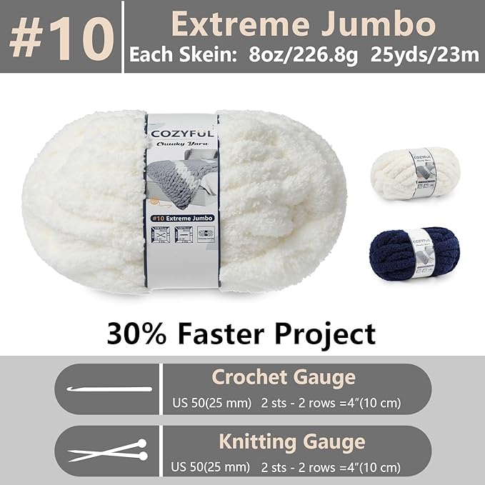 Chunky Yarn for Hand Knitting - #10 Chunky Chenille Yarn, Jumbo Big Thick Chunky Yarns for Crocheting, Super Bulky Chunky Knit Blanket Yarns, 8 Skein (25yd, 8oz/Skein), Cream & Navy