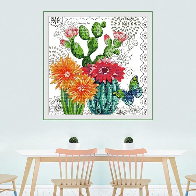 Qeerysew Cross Stitch Kits Stamped Full Range of Embroidery Starter Kits for Beginners DIY- Printed Kits Prickly Pear Flower(Printed) 11CT18.9x18.9inches