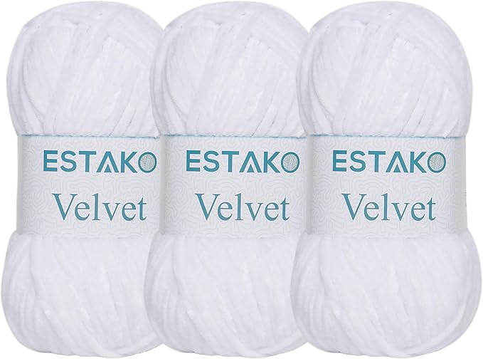 Estako Velvet (3- Skeins Pack) Chenille Blanket amigurumi Yarn for Crocheting and Knitting Super Bulky 3x100 gr (3x132 yds) (1110 - White)