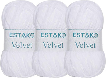 Estako Velvet (3- Skeins Pack) Chenille Blanket amigurumi Yarn for Crocheting and Knitting Super Bulky 3x100 gr (3x132 yds) (1110 - White)