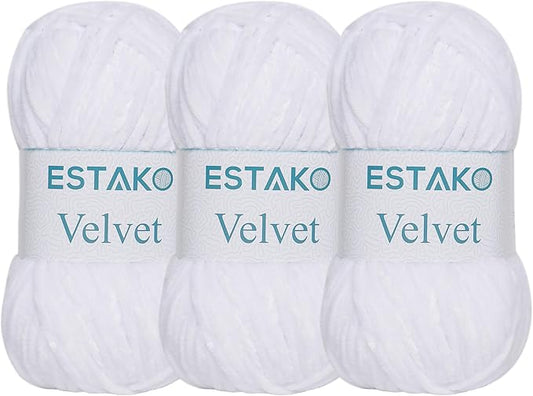 Estako Velvet (3- Skeins Pack) Chenille Blanket amigurumi Yarn for Crocheting and Knitting Super Bulky 3x100 gr (3x132 yds) (1110 - White)