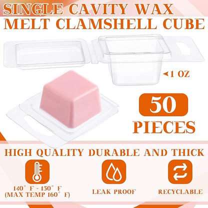 Wesiti Wax Melt Molds Clear Empty Plastic Wax Melt Clamshells Container Pet Single Cube 1 oz Candle Molds for DIY Chocolates Wickless Candles Soap Making (50 Pcs)