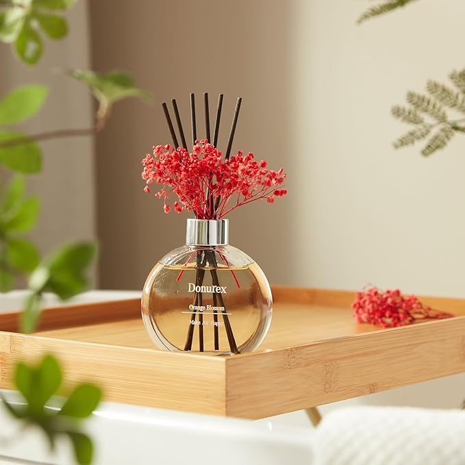 Donurex Flower Reed Diffuser Set 5.07oz Orange Blossom Scent Diffuser with Sticks Home Fragrance Reed Diffuser for Bathroom Shelf Decor